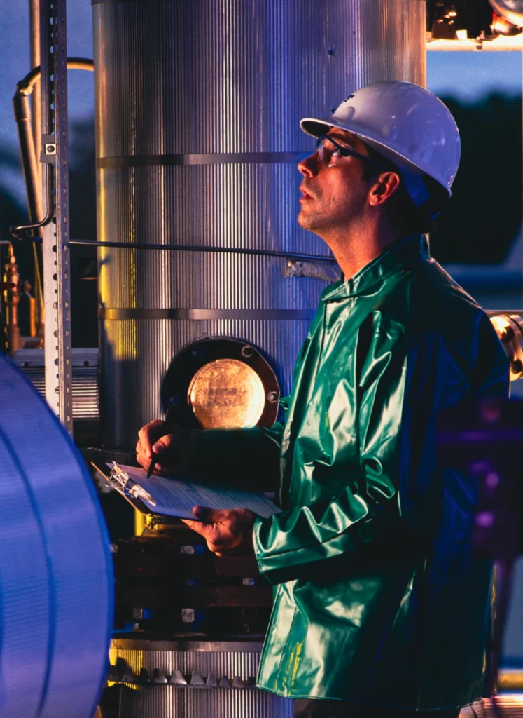 Industrial worker in a white hard hat and green protective suit writes on a clipboard beside large metallic equipment at dusk/night.