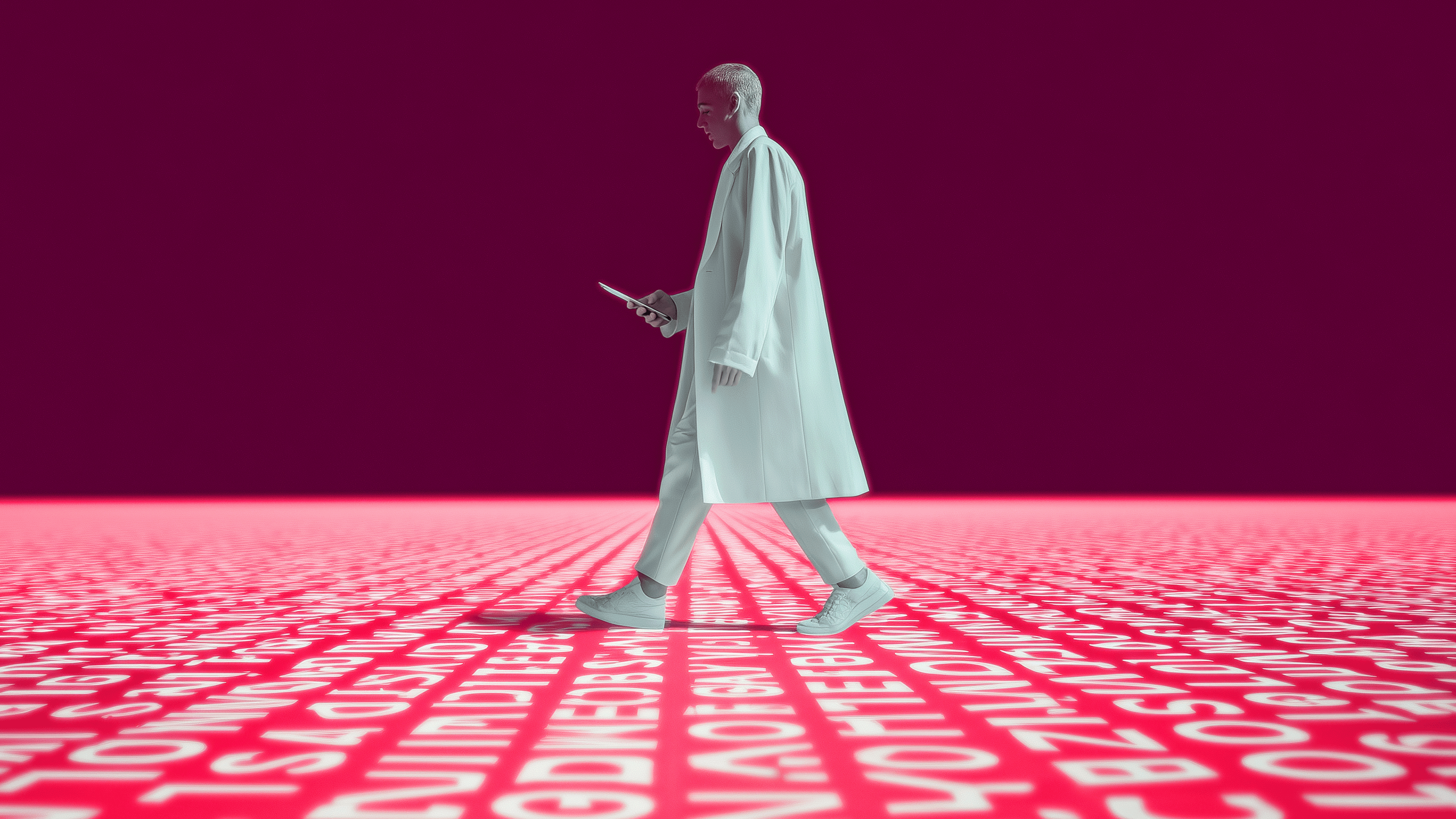 Person in a white lab coat walks to the right, holding a tablet, across a neon pink floor covered with white text