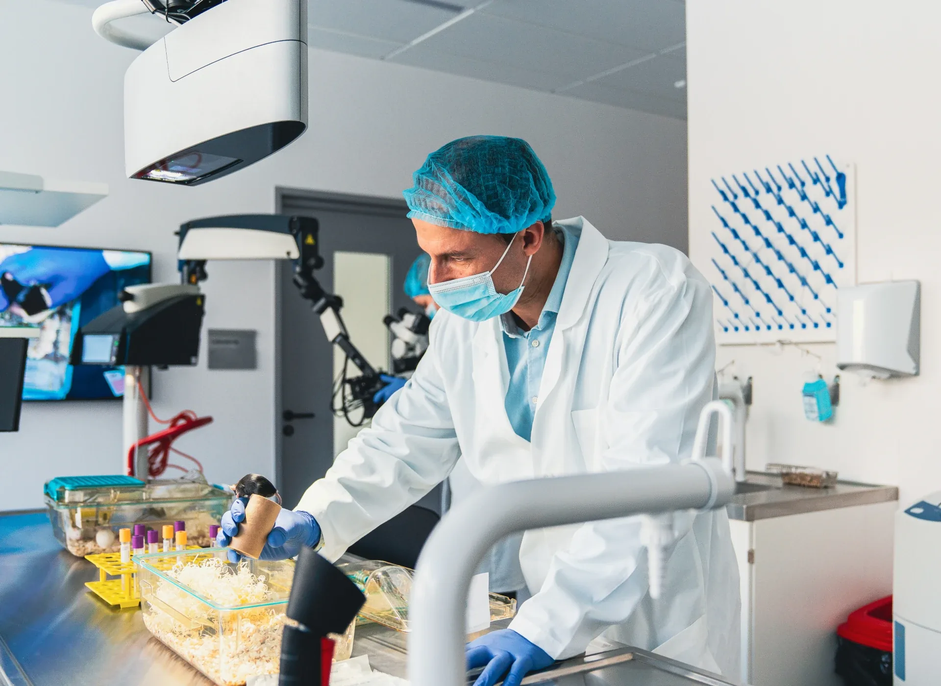 Lab technician in a surgical mask and blue cap handles samples at a sterile bench under bright overhead light.