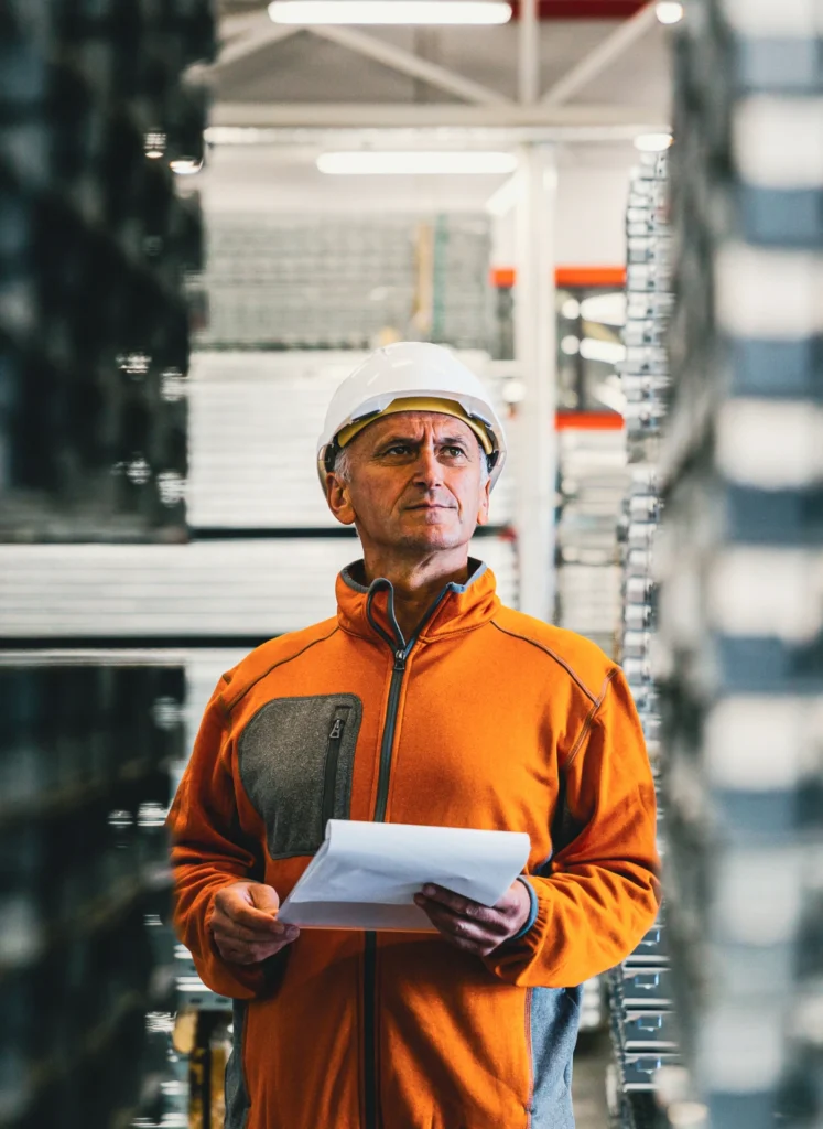 A man in an orange safety jacket and white hard hat holding rolled blueprints in a warehouse aisle.