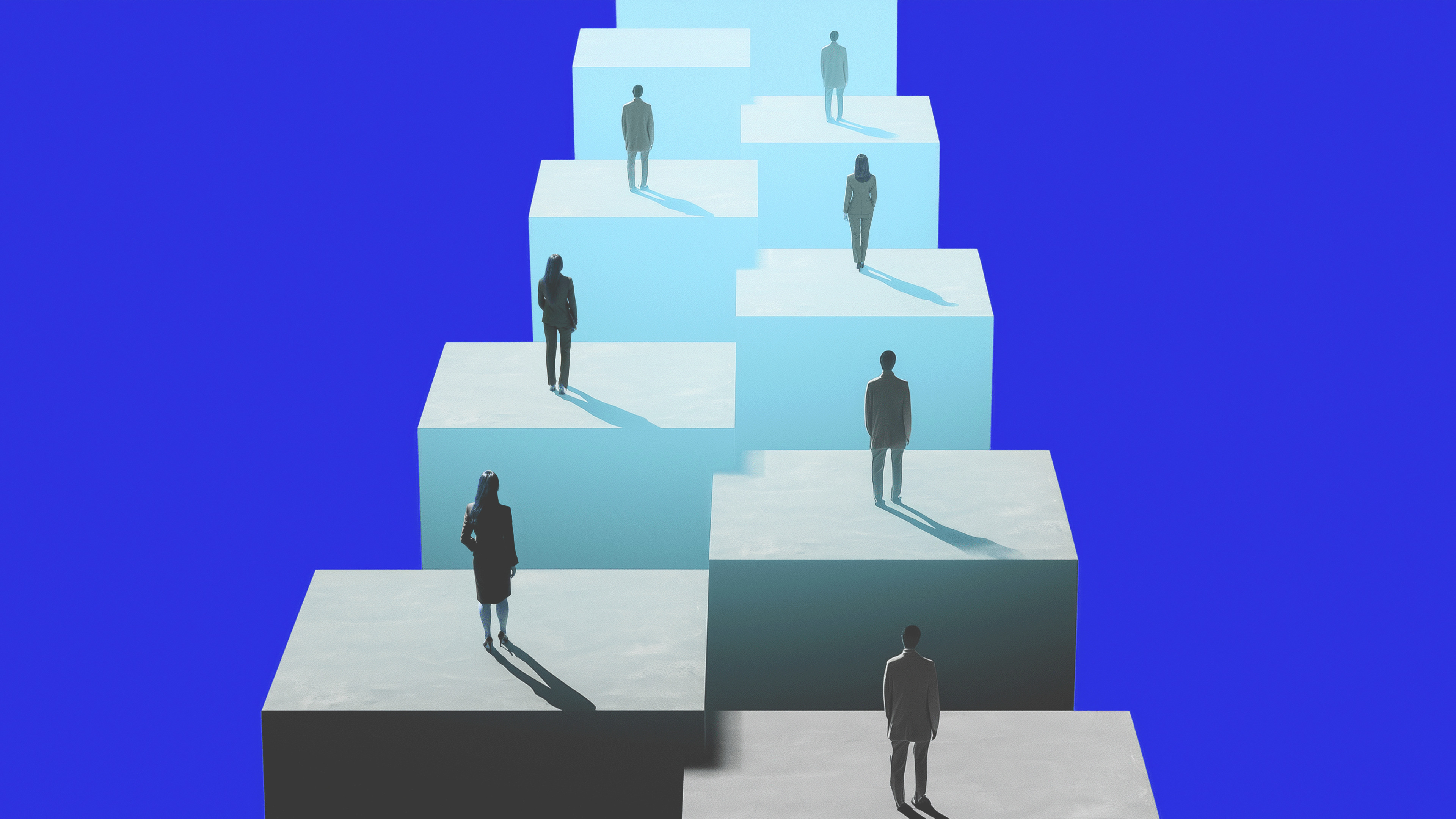 People stand on a tall blue staircase of floating blocks, ascending a path against a solid blue background, symbolizing progress or career ladder.